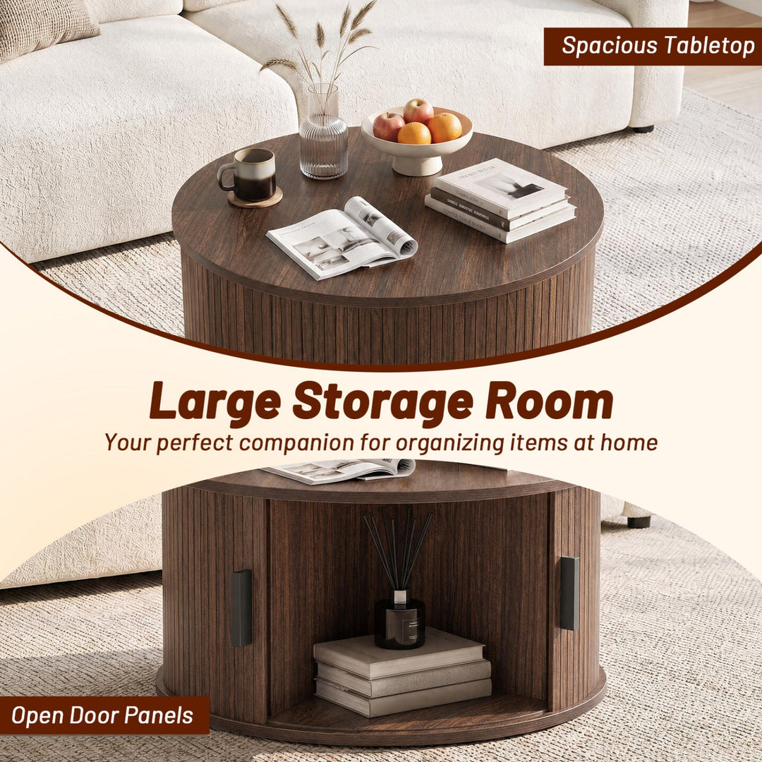 Round Coffee Table with Sliding Tambour Door Storage