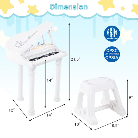 31 Keys Kids Piano Keyboard with Stool and Piano Lid-White