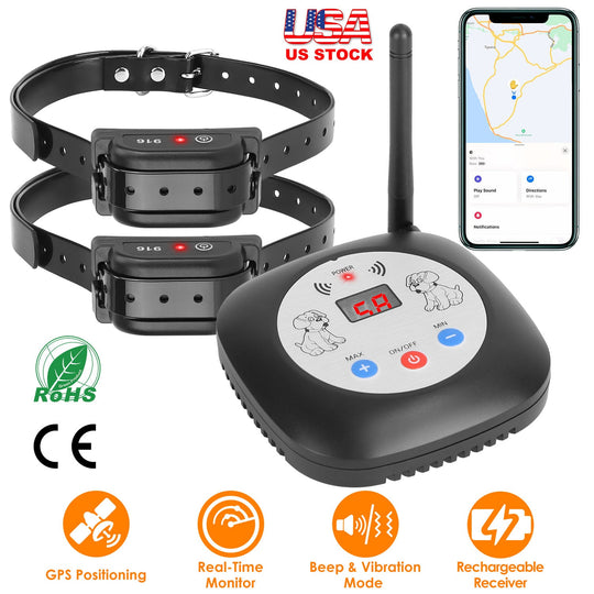 328FT Electric Wireless Dog Fence System With GPS Location Monitor Collar Receiver Rechargeable Beep Vibration Fence System for Small Medium Large Dog
