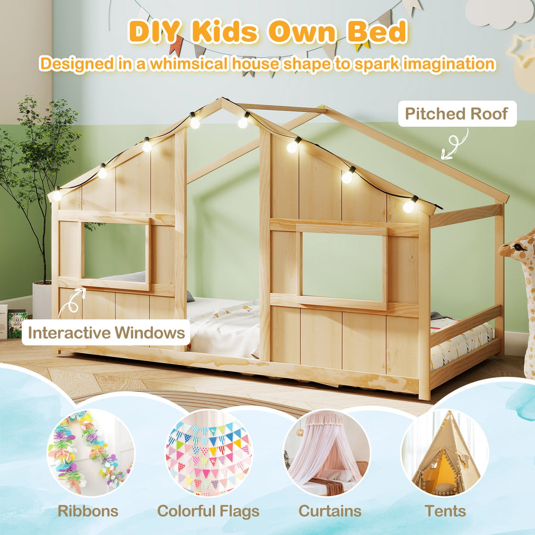 Twin Size House Bed with LED Lights Montessori Slat-free Floor Bed