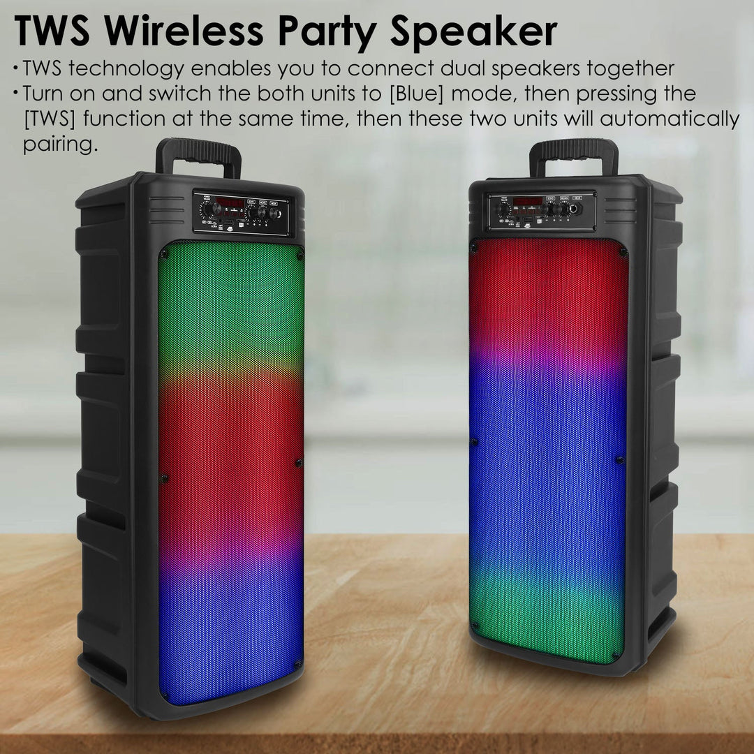 Portable Wireless Party Speaker Dual 8in Colorful Lights DJ PA System with TWS Function FM Radio USB MMC Card Reading Aux In Recording Function Wirele