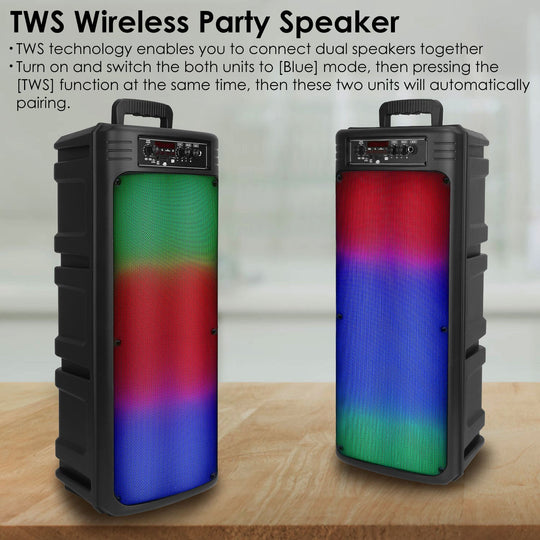 Portable Wireless Party Speaker Dual 8in Colorful Lights DJ PA System with TWS Function FM Radio USB MMC Card Reading Aux In Recording Function Wirele