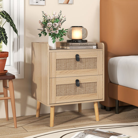 Modern End Table Bedside Table with 2 Rattan Decorated Drawers
