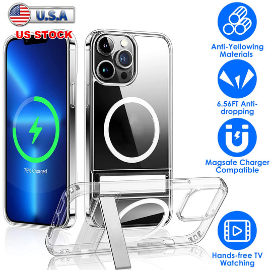 Magnetic Metal Kickstand Clear Case Shockproof Anti Yellowing Phone Cover Compatible with Magsafe Fit for IOS Phone 14 Plus