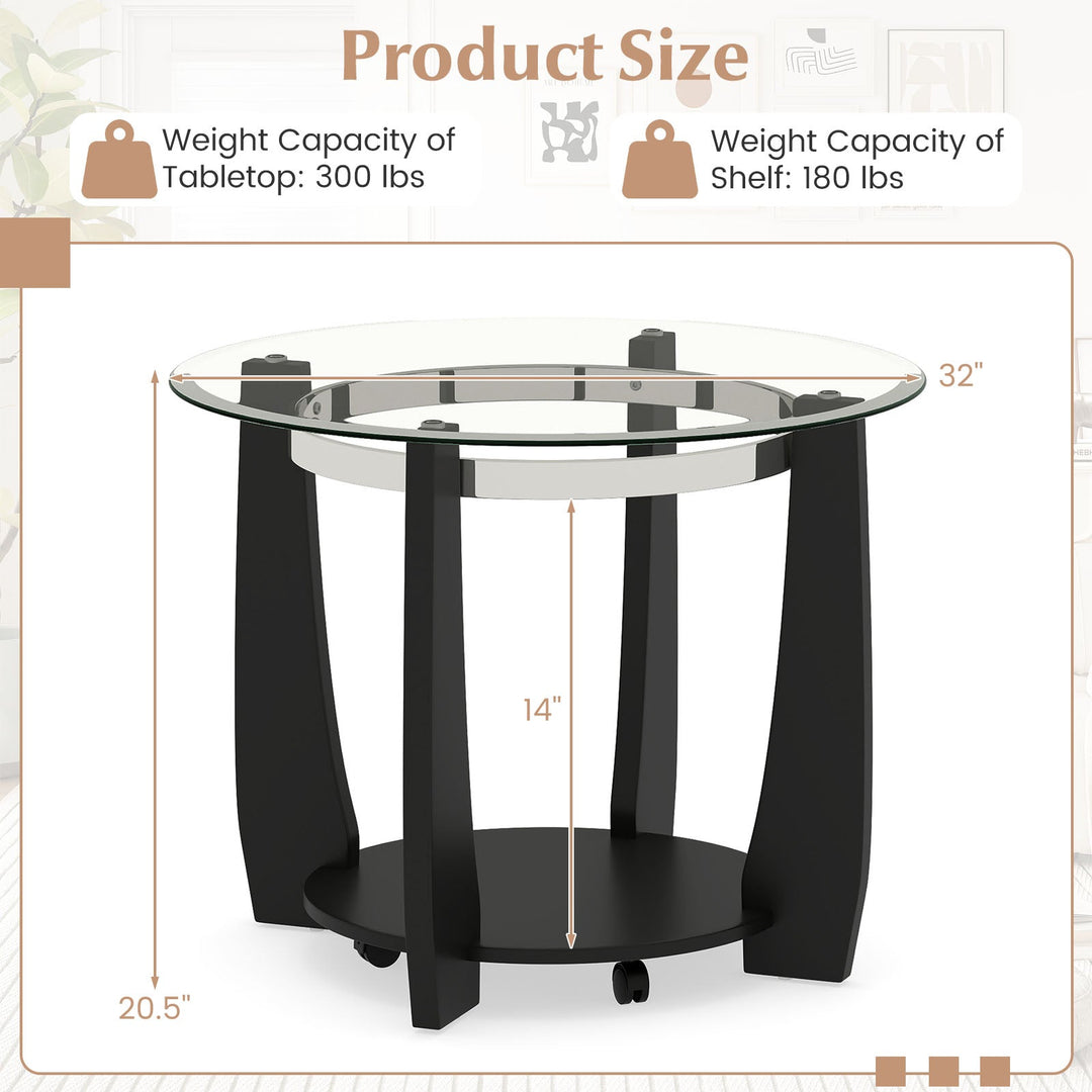 32" 2-Tier Glass Round Coffee Table with Storage Shelf