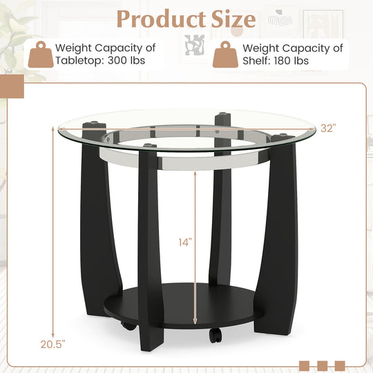 32" 2-Tier Glass Round Coffee Table with Storage Shelf