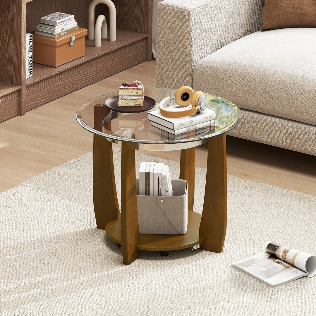 32" 2-Tier Glass Round Coffee Table with Storage Shelf