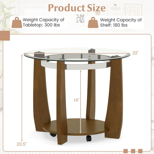 32" 2-Tier Glass Round Coffee Table with Storage Shelf