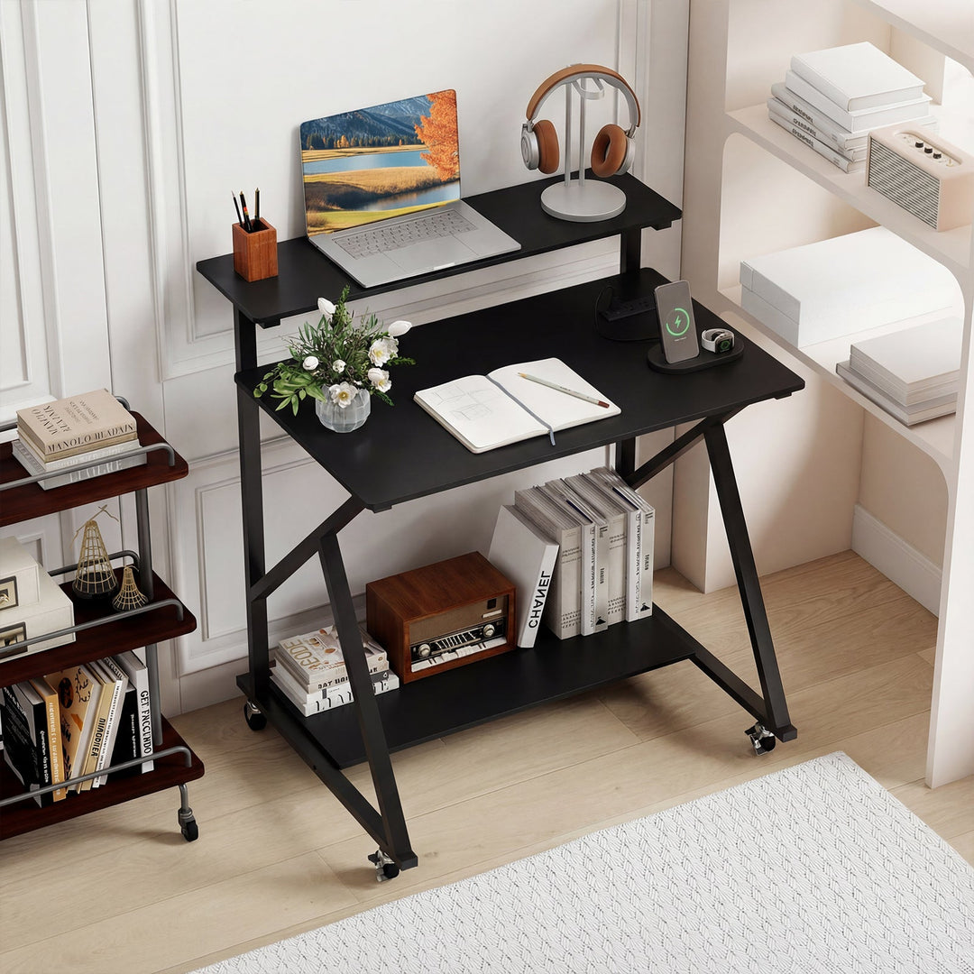 32 Inch Rolling Computer Desk for Small Spaces with Power Outlets