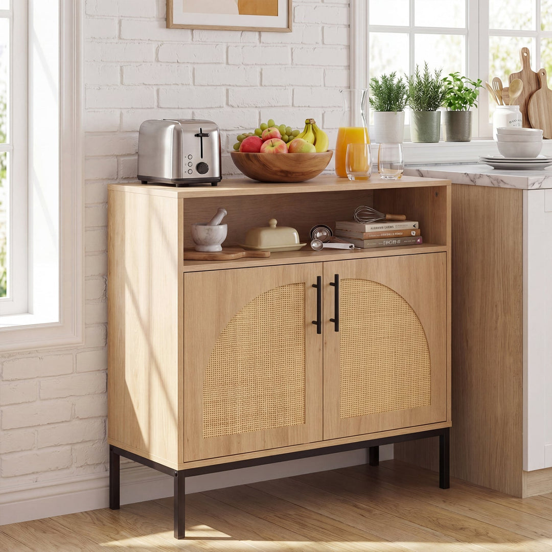 32" Sideboard Buffet Cabinet with 2 Natural Rattan Decorated Doors and Adjustable Shelf