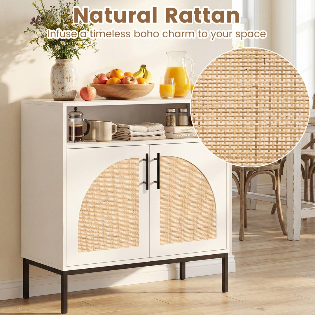 32" Sideboard Buffet Cabinet with 2 Natural Rattan Decorated Doors and Adjustable Shelf