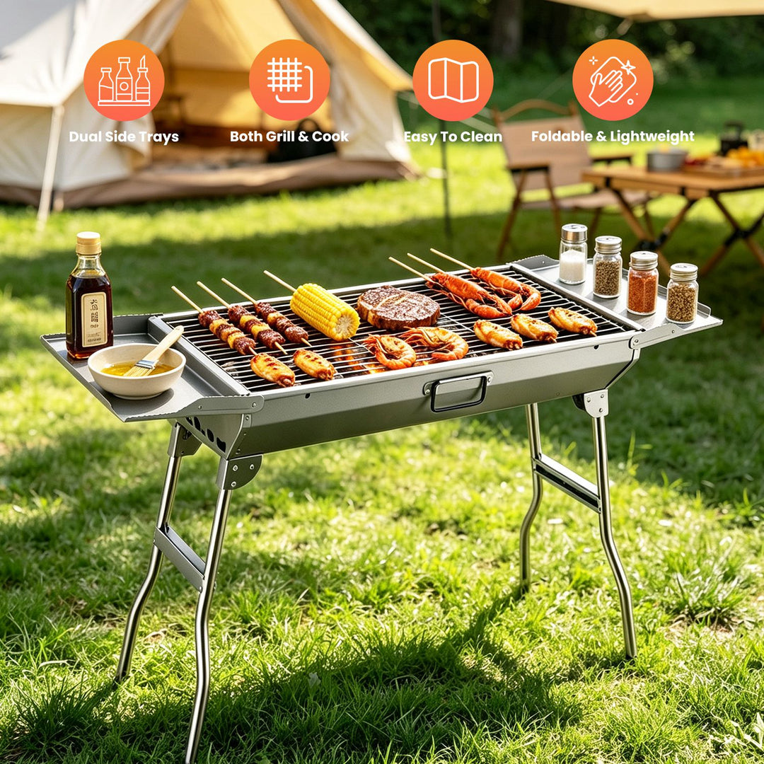Portable Charcoal Grill with Folding Legs & Side Trays Stainless Steel Outdoor BBQ Grill with Large Cooking Grate Charco