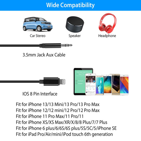 IOS 8 Pin to 3.5mm Aux Car Audio Adapter Cord 3.5mm Headphone Jack Adapter Fit For iPhone 13/12/11/XR/XS/X/8/7/6 Plus/SE/iPad Pro/Air/mini/iPod Touch