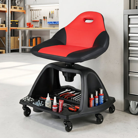 Rolling Mechanic Stool with Backrest and Tool Tray - 330 lbs