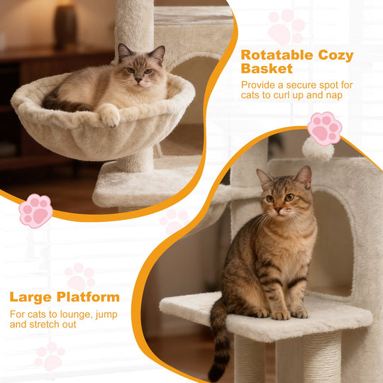 33.5 Inch Cute Kitten Tower with 2-Tier Condo and Padded Top Perch