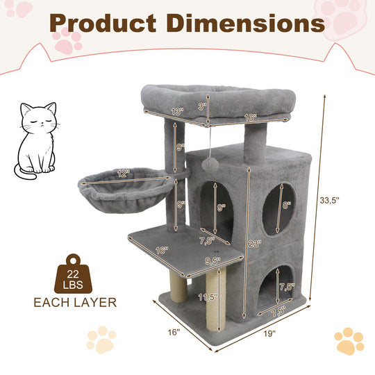 33.5 Inch Cute Kitten Tower with 2-Tier Condo and Padded Top Perch