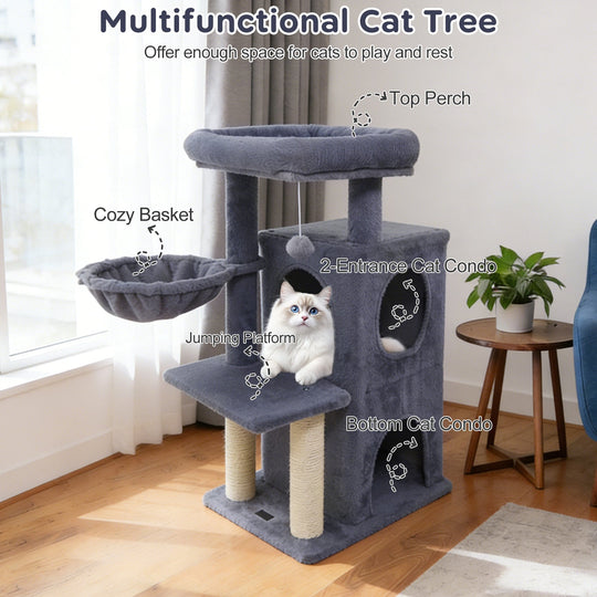 33.5 Inch Cute Kitten Tower with 2-Tier Condo and Padded Top Perch