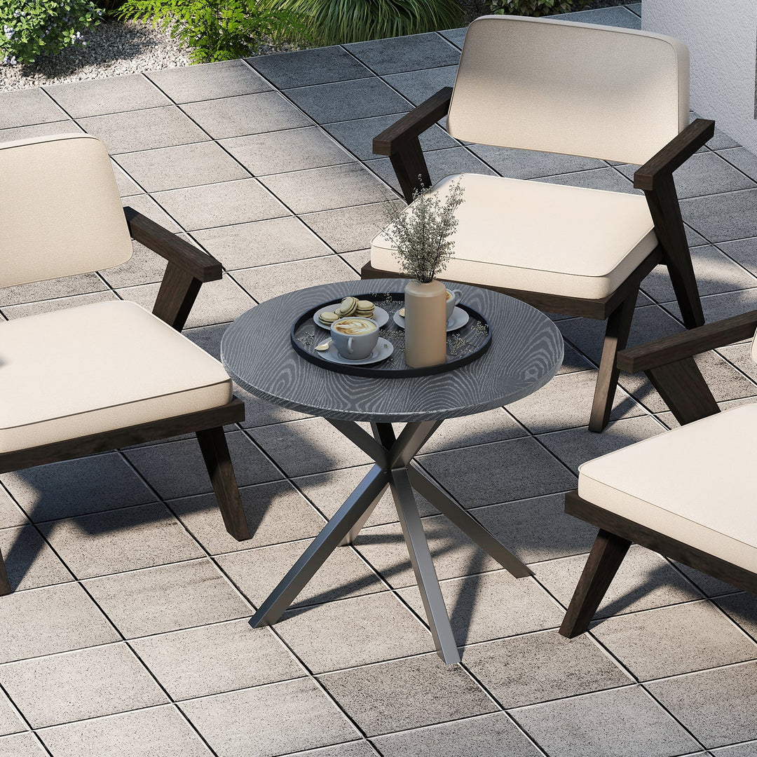 33.5 Inch Round Patio Bistro Table with Wood-Like Top and X-Shaped Legs-Gray