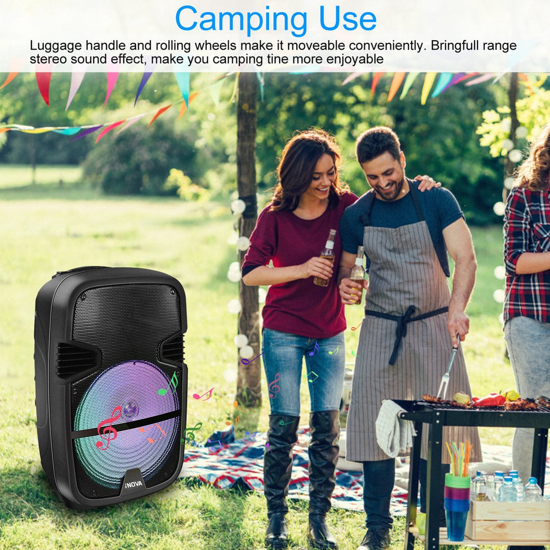 KOCASO Wireless Speaker Portable PA Karaoke System with 12" Subwoofer FM Radio Wired Microphone w/ DJ Lights FM Remote Control