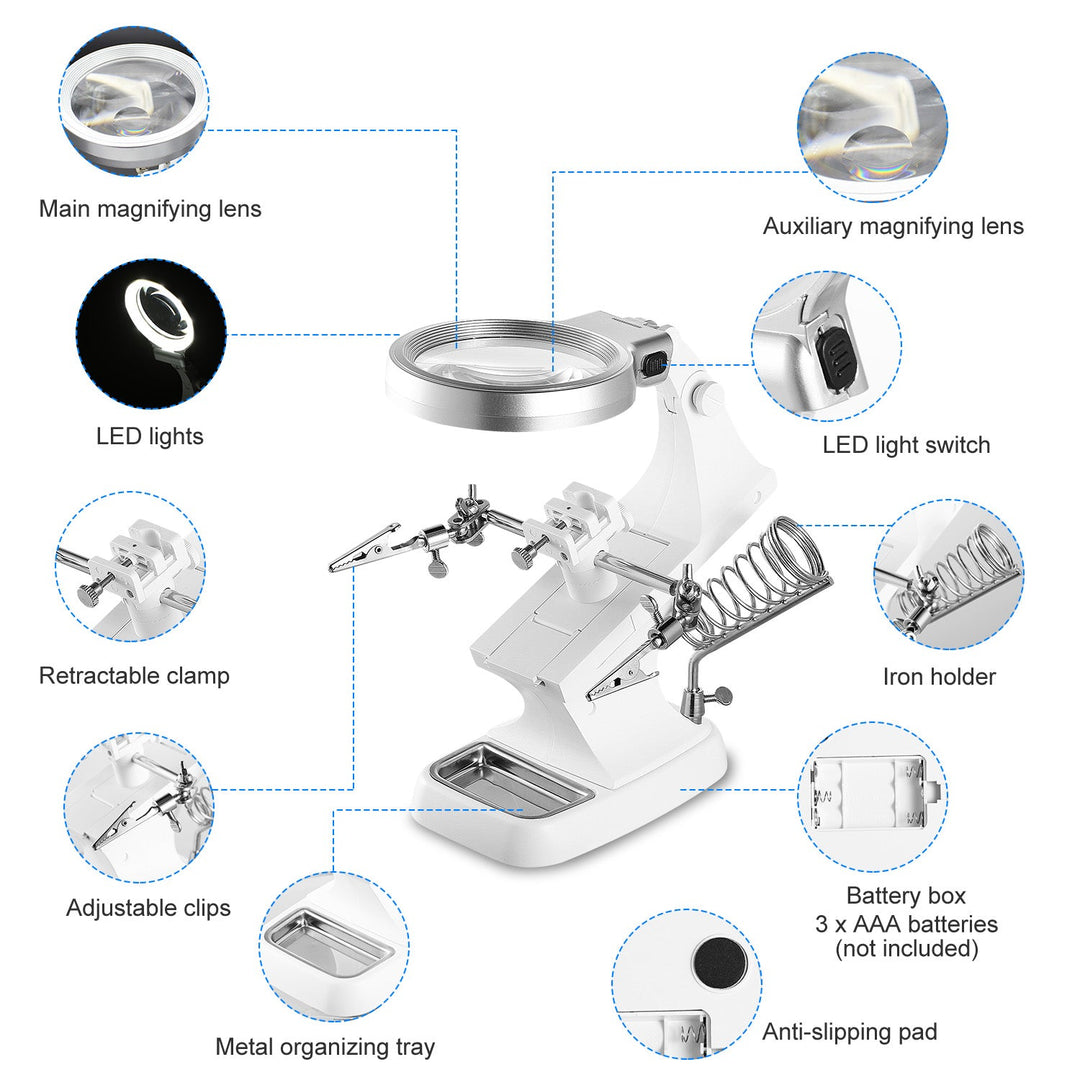 LED Light Helping Hands Magnifying Glass 3X/4.5X w/ 360¡Adjust Third Hand Soldering Vise