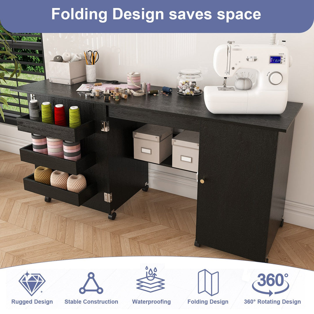 57.5" Foldable Sewing Machine Table with Storage & Casters