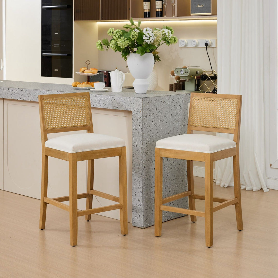 Solid Rubberwood Rattan Back Counter Stools Set of 2