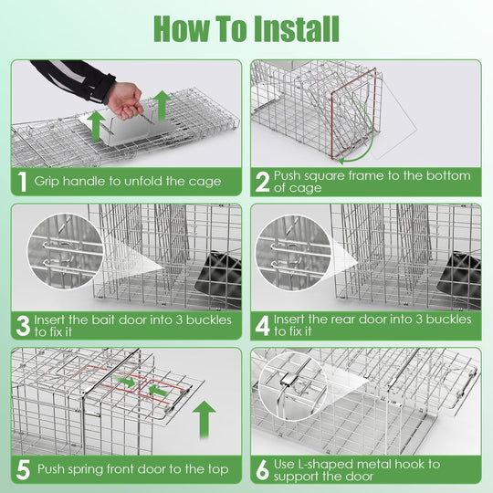 31×12×11" Heavy-Duty Folding Animal Trap | Humane Cage with Waterproof Cover