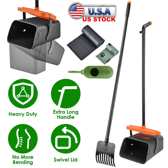 Pooper Scooper Kit Dog Poop Rake & Swiveling Bin Poop Heavy Duty Pick Up Tool with Extra Long Handle 35 Waste Bags Dispenser