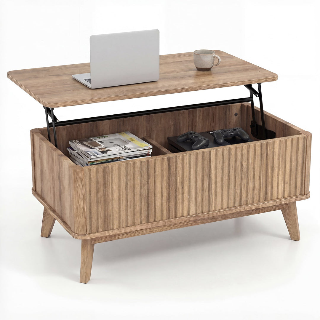 35.5" Rectangle Wooden Fluted Lift Top Coffee Table-Walnut