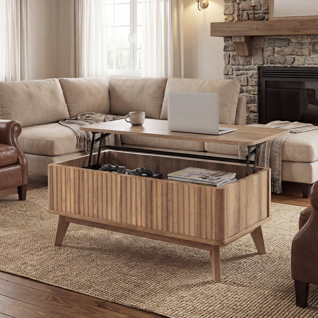 35.5" Rectangle Wooden Fluted Lift Top Coffee Table-Walnut