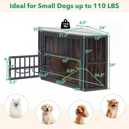 Wooden Dog Crate End Table with Adjustable Bowl Rack 35.5"