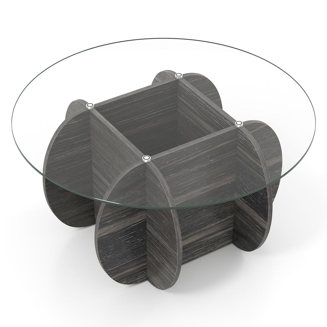 35" Round Coffee Table Unique Circle Center Table with Tempered Glass Top and Solid Wood Base-Black