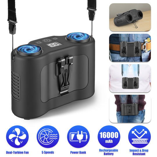 Wearable Waist Fan with 16000mAh Power Bank & Dual Turbines