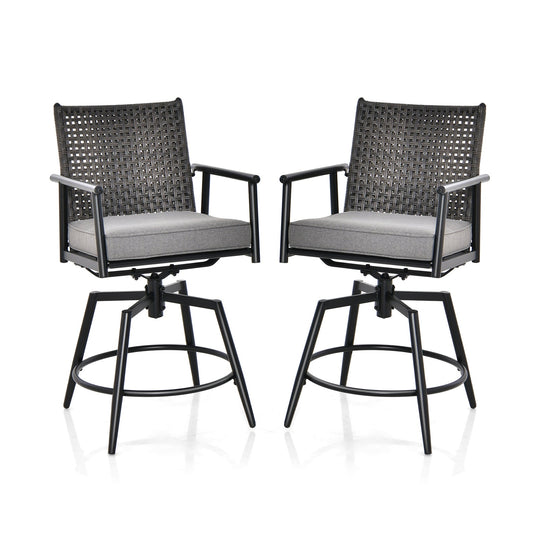 360 Degree Swivel Bar Stool Set of 2 with Metal Frame and PE Rattan Backrest-Black