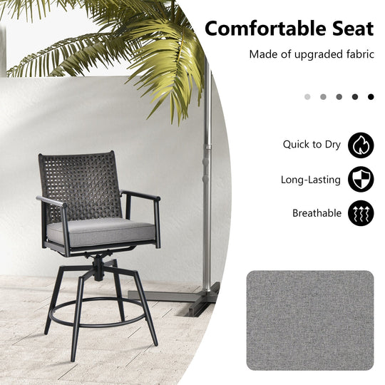 360 Degree Swivel Bar Stool Set of 2 with Metal Frame and PE Rattan Backrest-Black