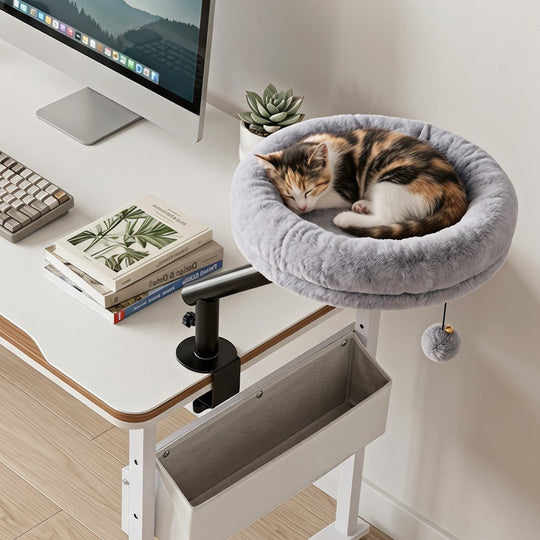 Cat Desk Bed with 360° Rotating Perch and Clamp Mount
