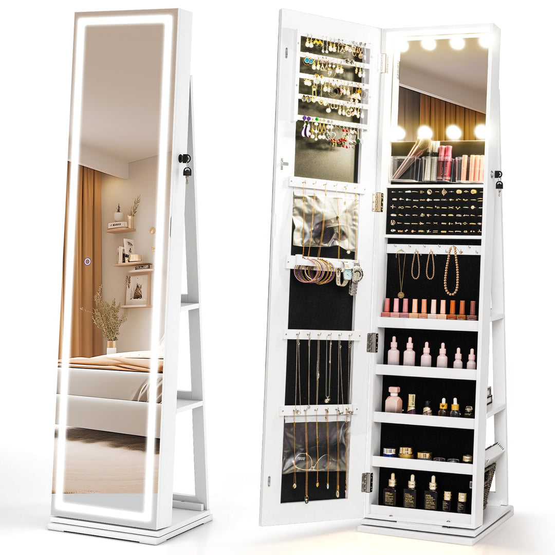 360¬∞ Swivel Freestanding Jewelry Cabinet with Lighted Full Length Mirror