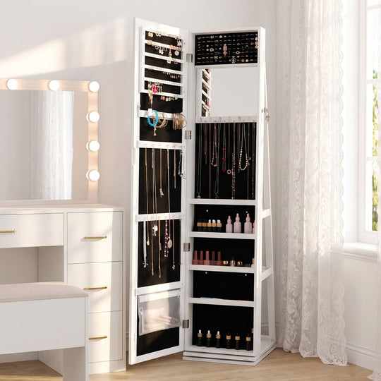 360° Swivel Jewelry Cabinet with Full-Length Mirror for Bedroom-White