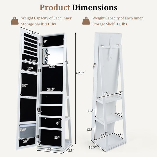 360° Swivel Jewelry Cabinet with Full-Length Mirror for Bedroom-White