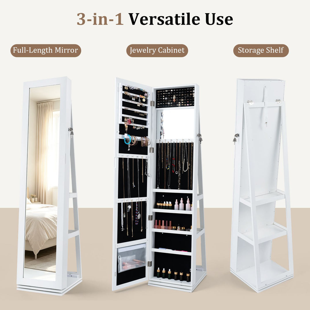 360° Swivel Jewelry Cabinet with Full-Length Mirror for Bedroom-White