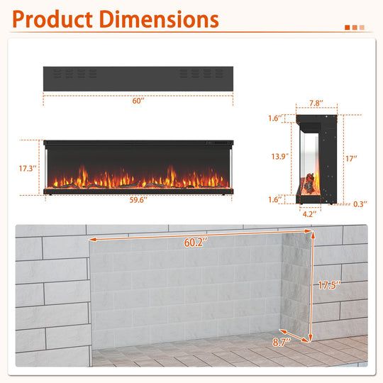 36/40/50/60 Inch Wide 3-Sided Electric Fireplace Insert with Remote Control and 12 Flame Colors