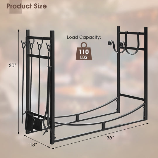 30 Inch Firewood Rack with 4 Tool Set Kindling Holders for Indoor and Outdoor