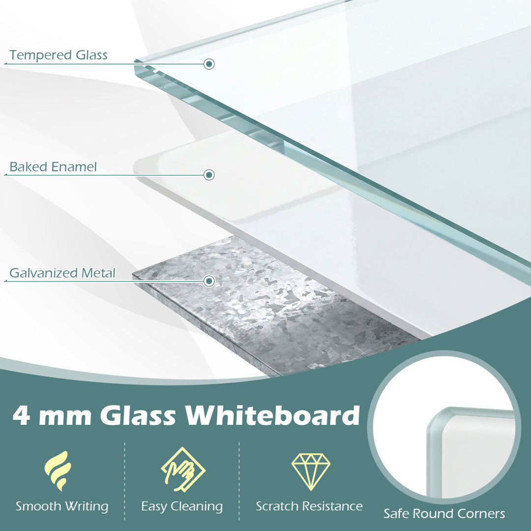 36 x 24 Inches Glass Whiteboard with Eraser and Removable Tray