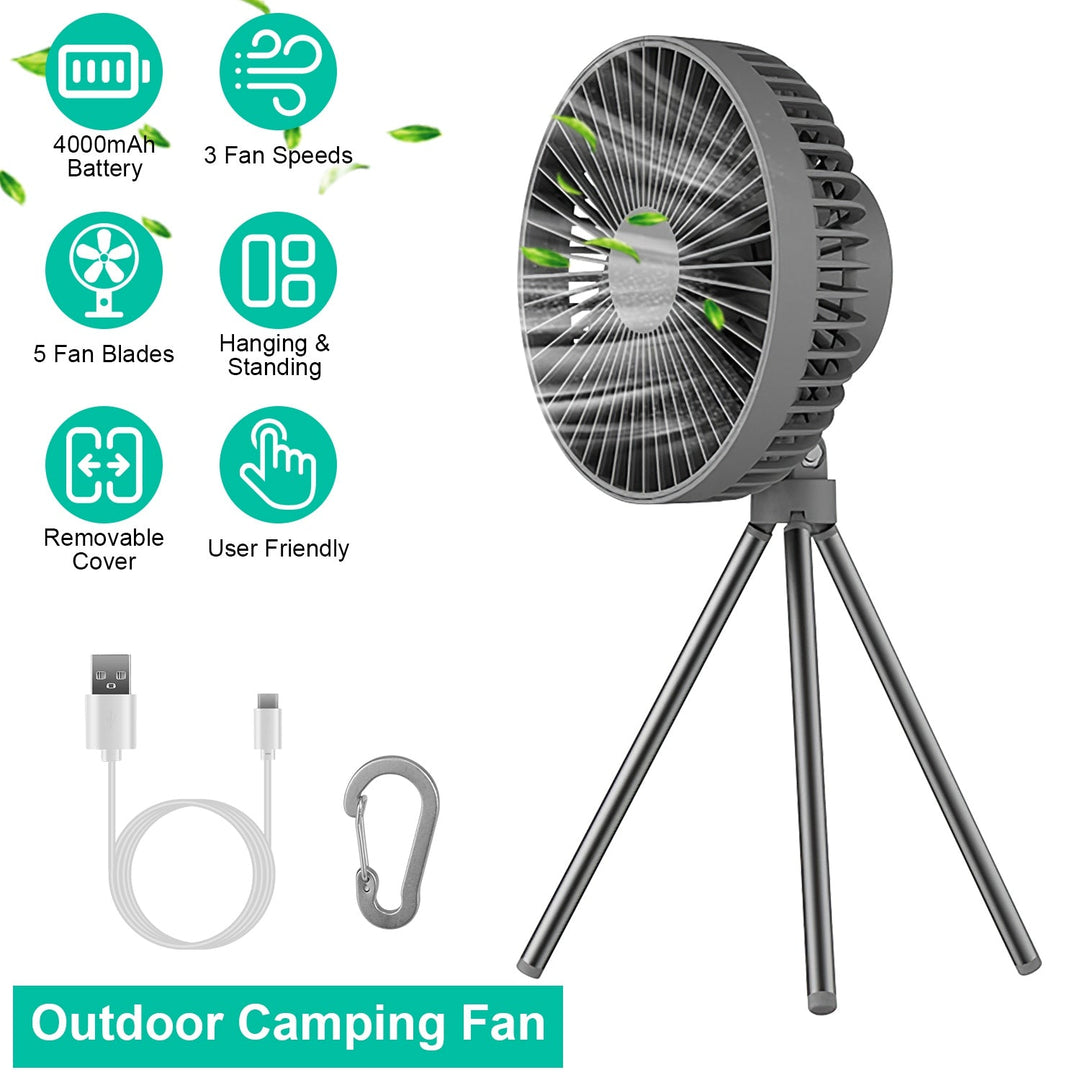 Portable Camping Fan Rechargeable Battery Powered Foldable Tripod Fan for Tent with Hanging Hook Carabiner Personal Desk Fan with 3 Speed Setting for
