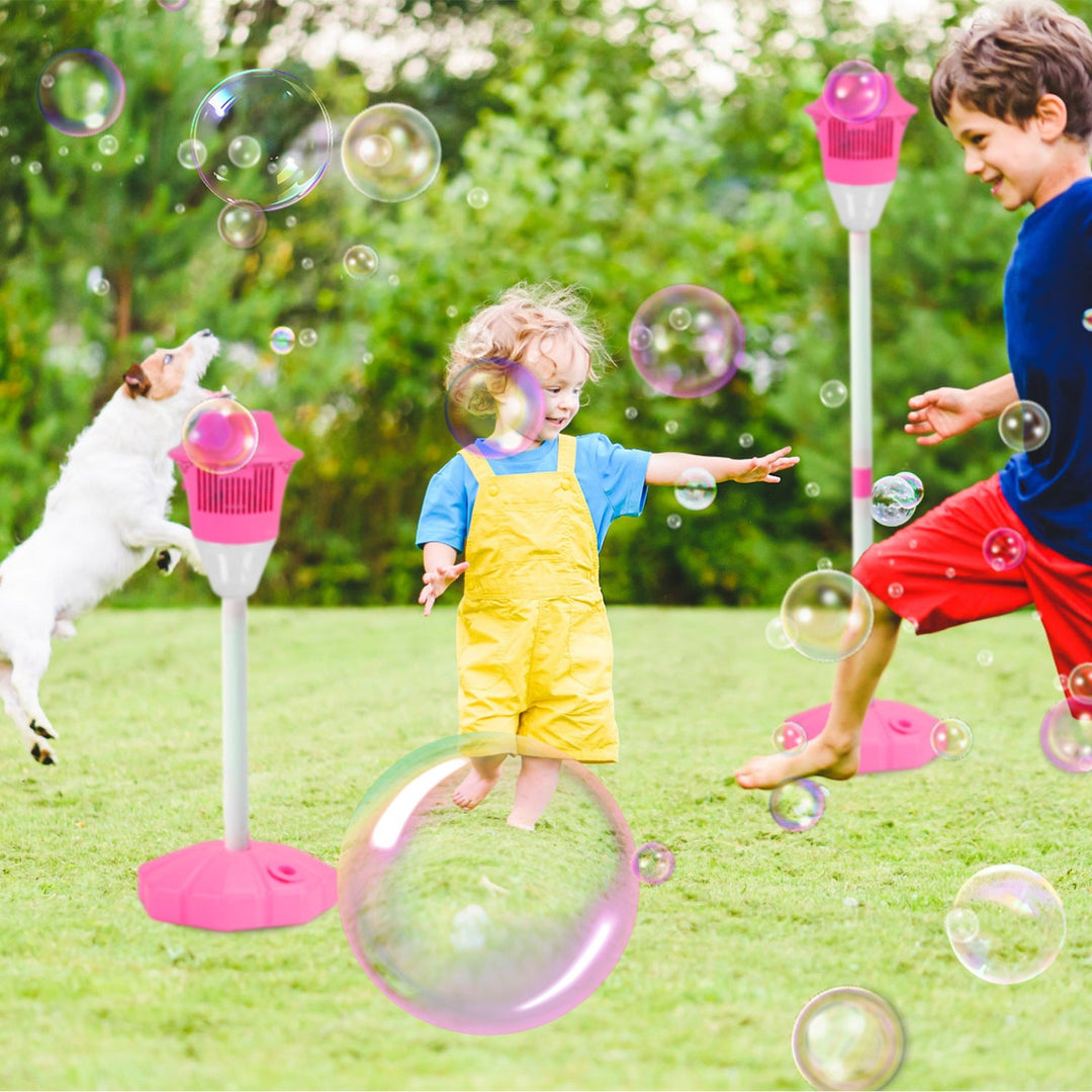 2Pack 3 In 1 Standing Bubble Machines with Colorful Lights and Music Rechargeable Bubble Maker Stands with 2 Modes 3 Adjustable Height for Party Weddi
