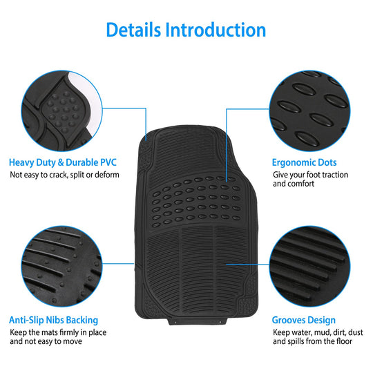 4Pcs Automotive Floor Mats Front and Rear PVC Rubber Floor Mats Heavy Duty Drive Vehicle Car Mats with Trimmable Design Fit Most Cars SUVs Trucks