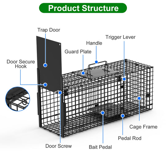 26in Single Door Live Animal Cage Trap For Animals Under 5LBS Easy To Setup Humane Galvanized Iron Trap Cage For Small Cats Rabbits Squirrels Moles Ch