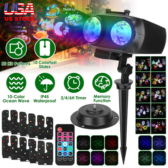 2 In 1 Holiday Projector Light Projection Lamp Indoor Outdoor with 10-Color Ocean Wave 10 HD Slides 3 Bases Remote Control for New Year Valentine\'s D