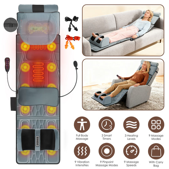 Flannel Full Body Massage Mat Multifunctional Massage Chair Pad with Heat Timer Shiatsu Neck Foot Massager Lumbar Pillow