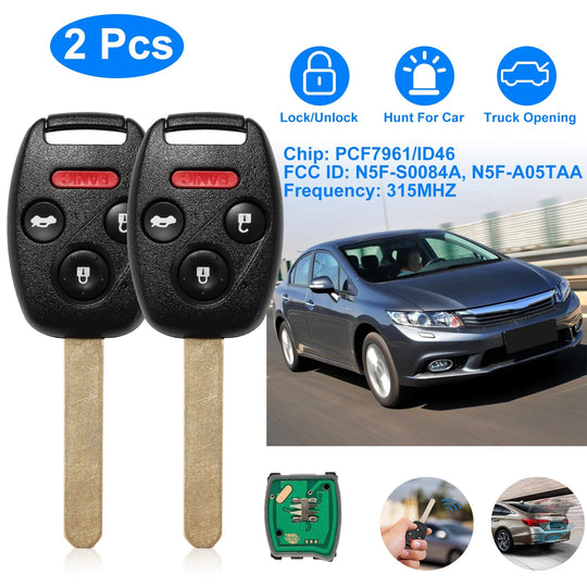 2Pcs Fit For Honda Civic 2006-2013 Remote Keyless Entry Shell Button Car Key _x000B__x000B_Fob Uncut Key Cover Case N5F-S0084A N5F-A05TAA